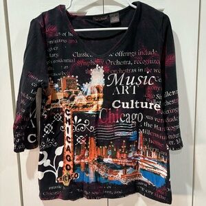FRENCH POSTCARDS Women’s Handcrafted Chicago Scene 3/4 Sleeve Tee Shirt - size S
